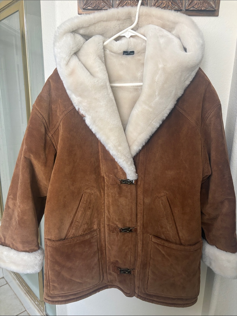 Faux Shearling Hooded Real Suede Coat - Cream Trim Brown